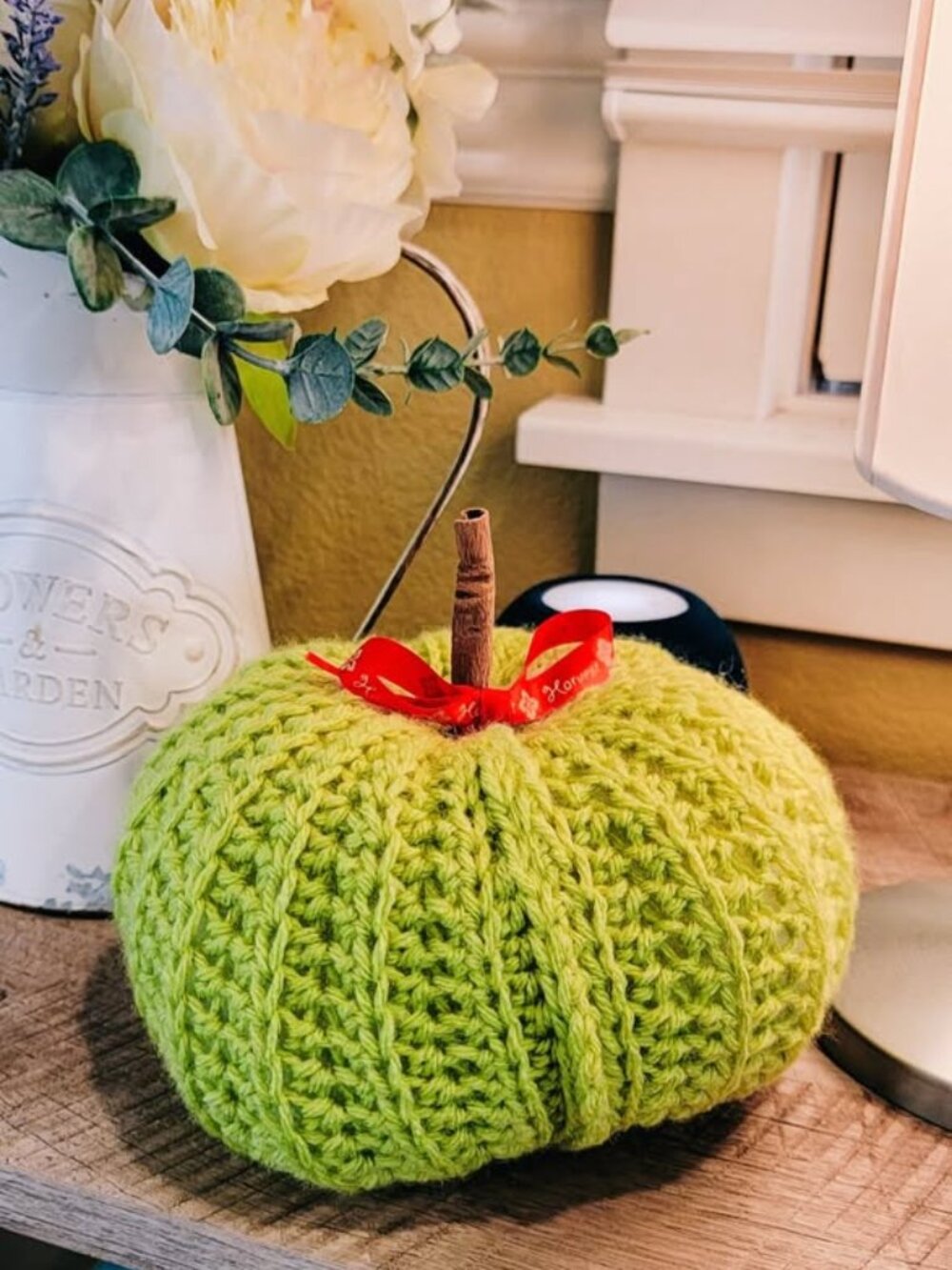 Green Crochet Pumpkin – Handmade Fall Shelf Decor with Cinnamon Stem